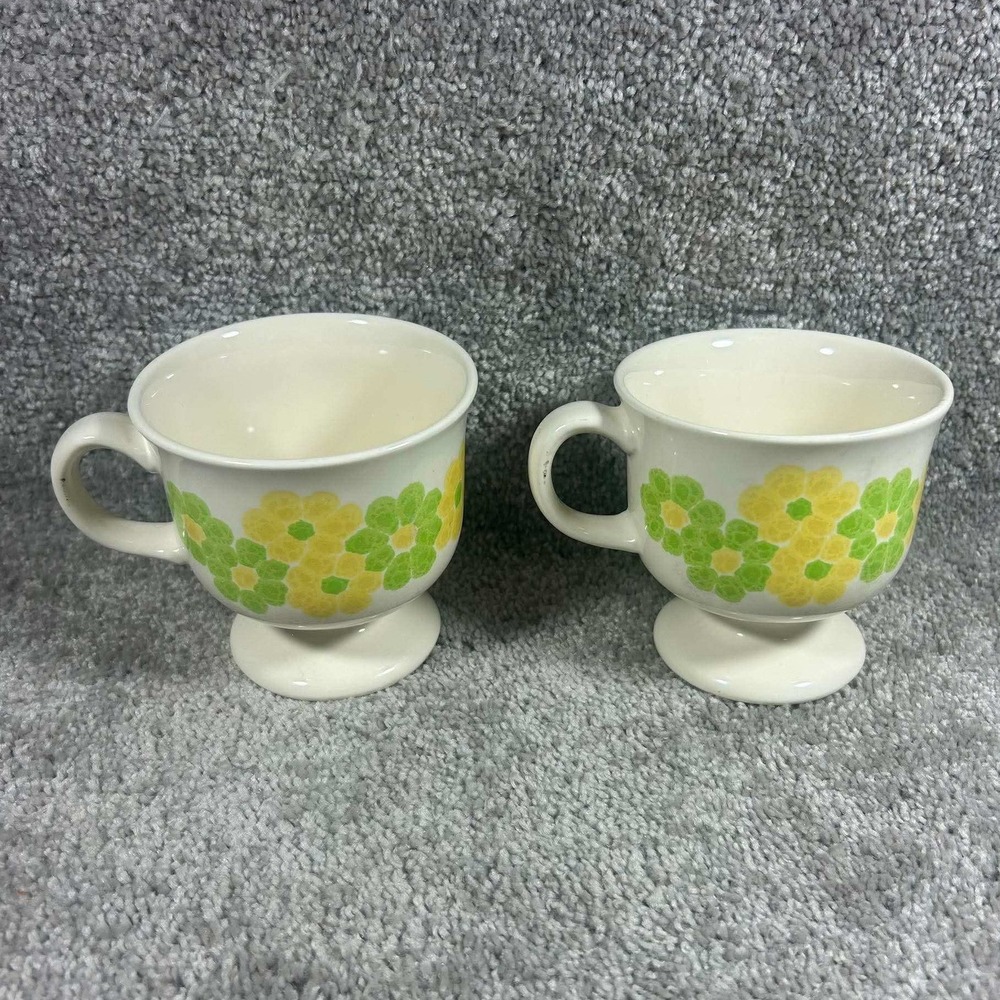 Retro Franciscan Picnic Cups Yellow Green Flowers Tea Coffee‎ Mugs Set of 2